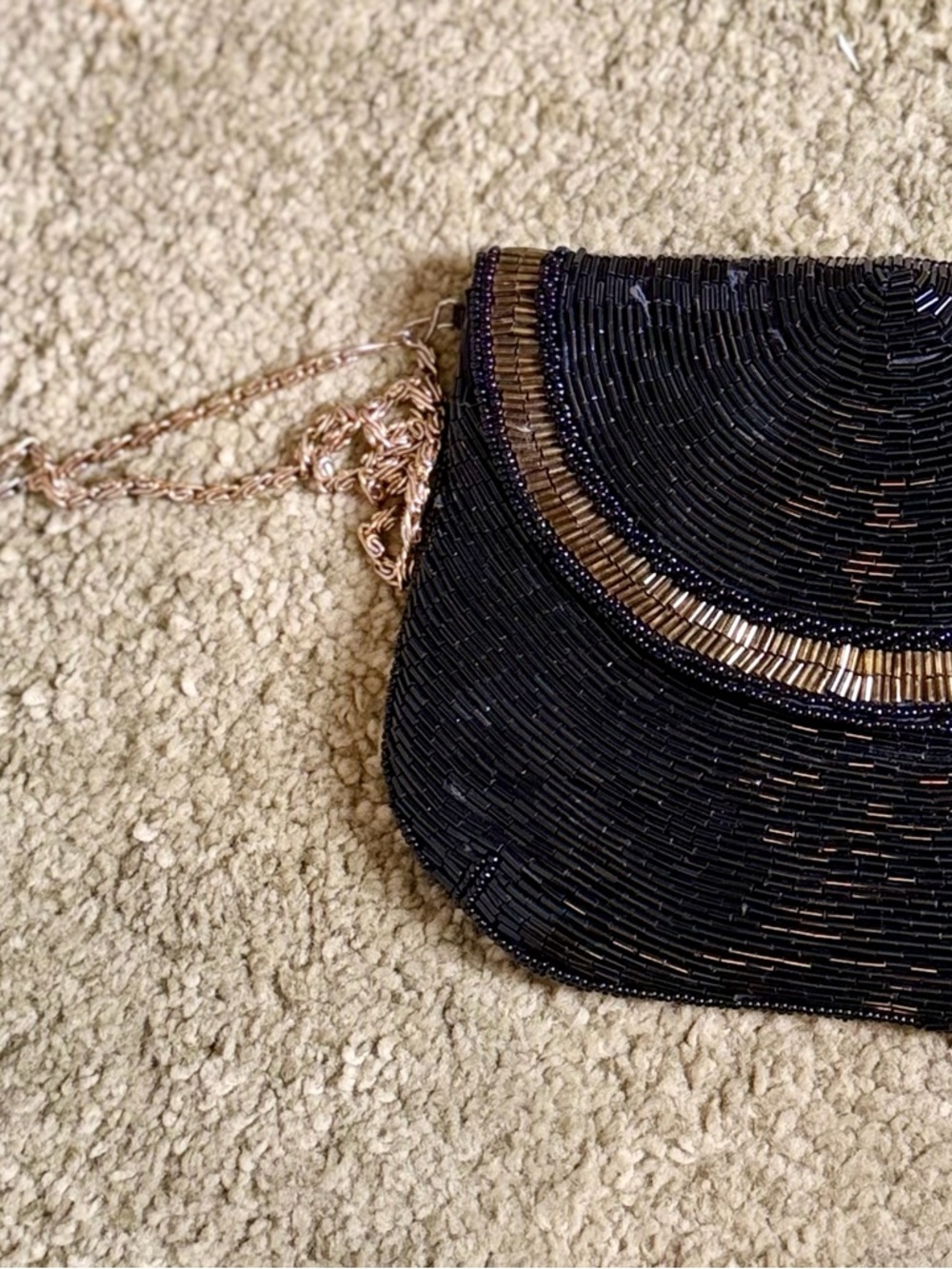 Vintage Black Beaded Evening Bag • Gold Chain Strap • Art Deco Style - Picture 3 of 6